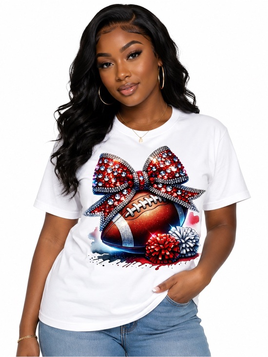 Tops - White Graphic Tee with Red & Blue Rhinestone Bow and Football